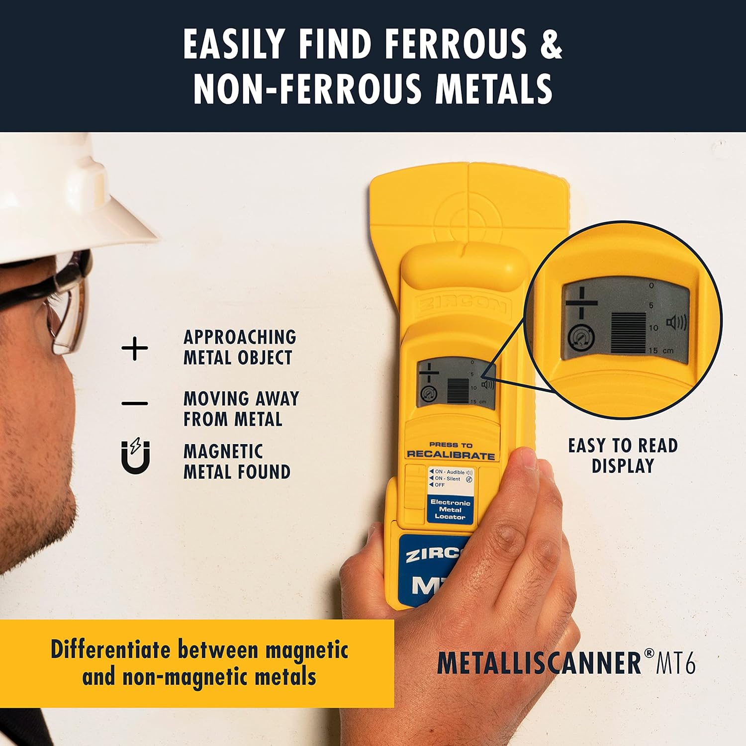 Zircon MetalliScanner MT6 Professional Metal Detector, Yellow, 6 Inches Deep Detection