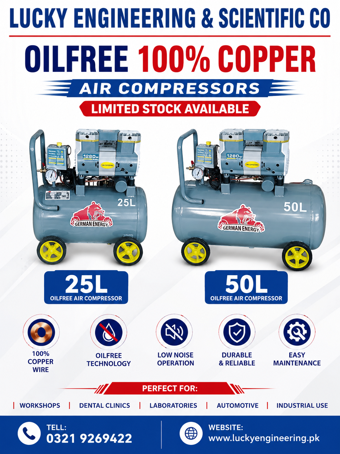 Oil-Free Air Compressor Pakistan | 25L & 50L Copper Motor