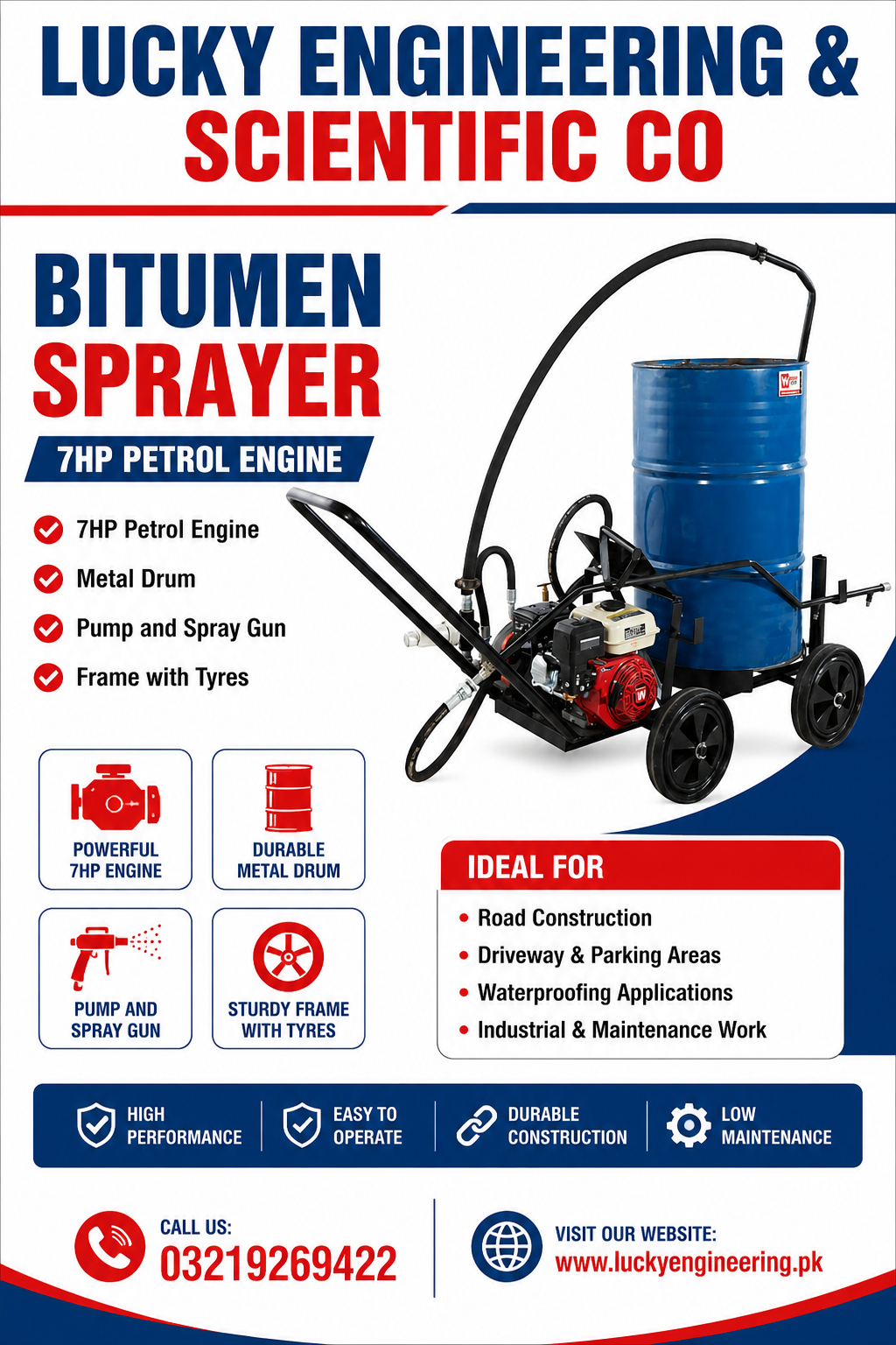 Bitumen Sprayer with 7HP Petrol Engine