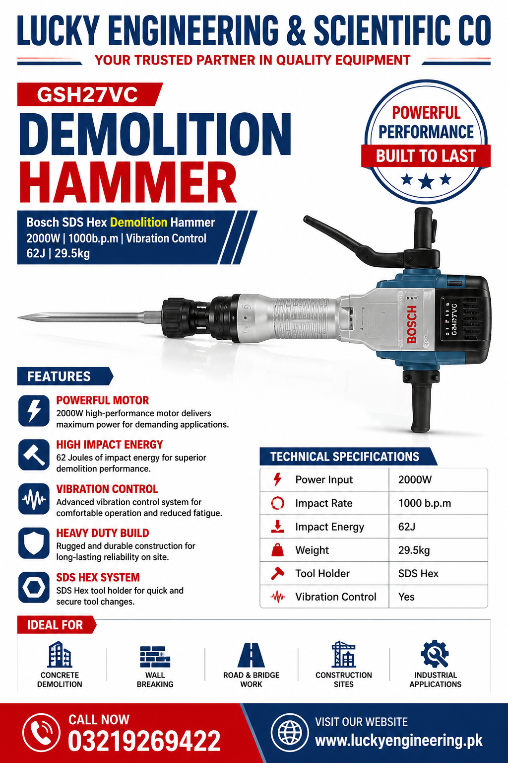 Bosch GSH27VC SDS Hex Demolition Hammer 2000W 62J | Heavy Duty Concrete Breaker | Lucky Engineering Pakistan