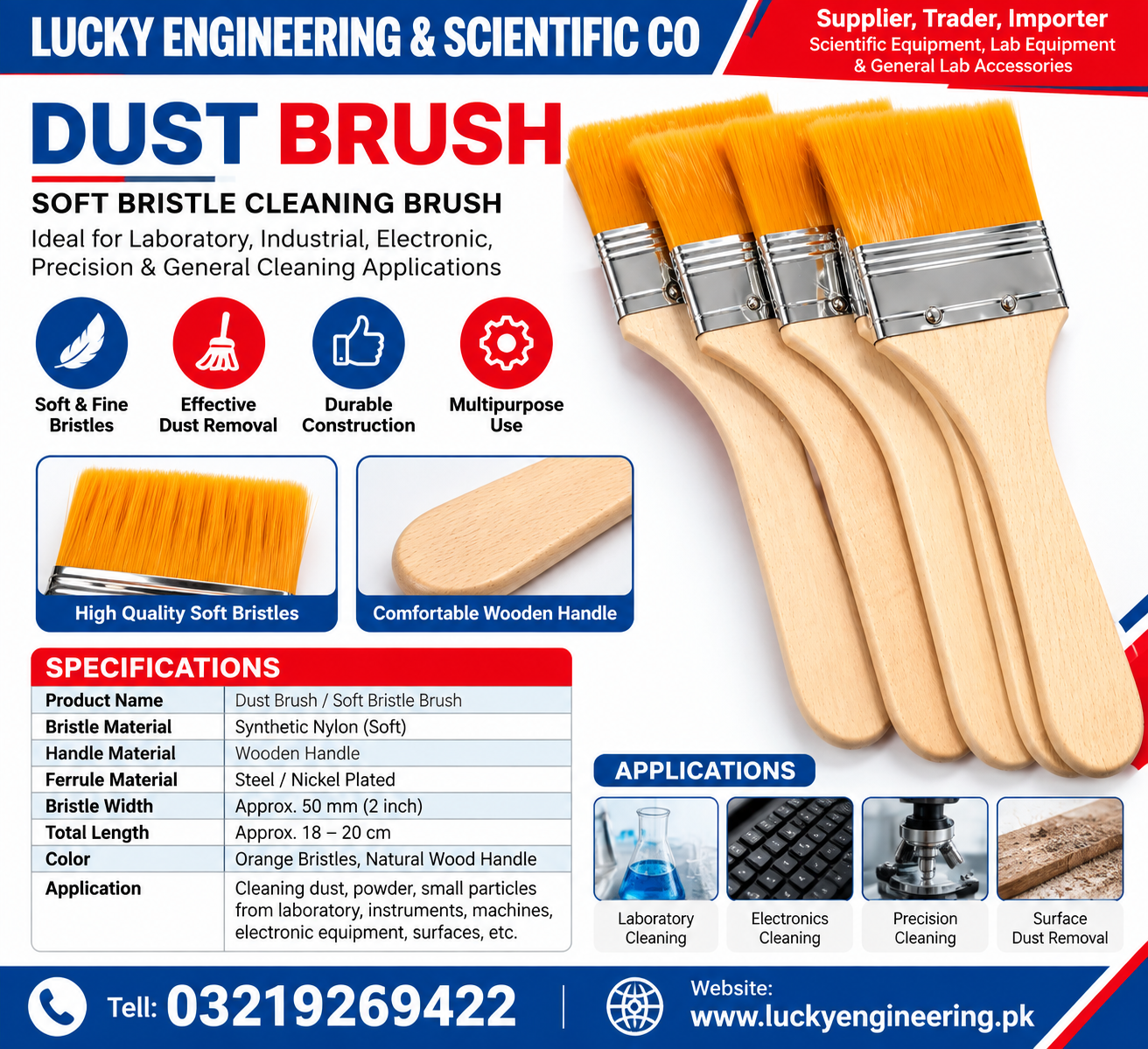 Dust Brush with soft orange bristles and wooden handle for laboratory and industrial cleaning
SEO Specifications