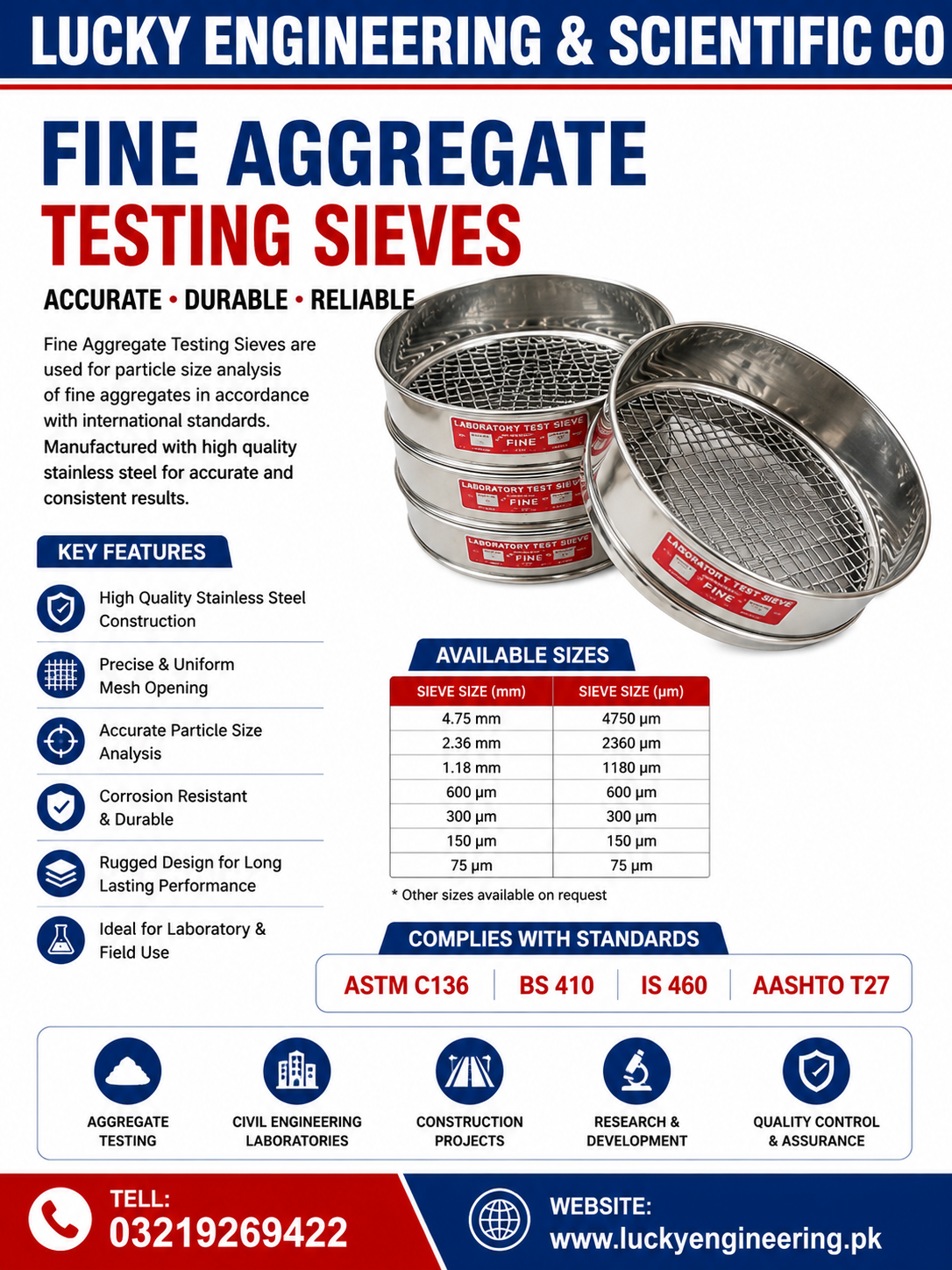 Fine Aggregate Testing Sieves- Pakistan TELL:03219269422