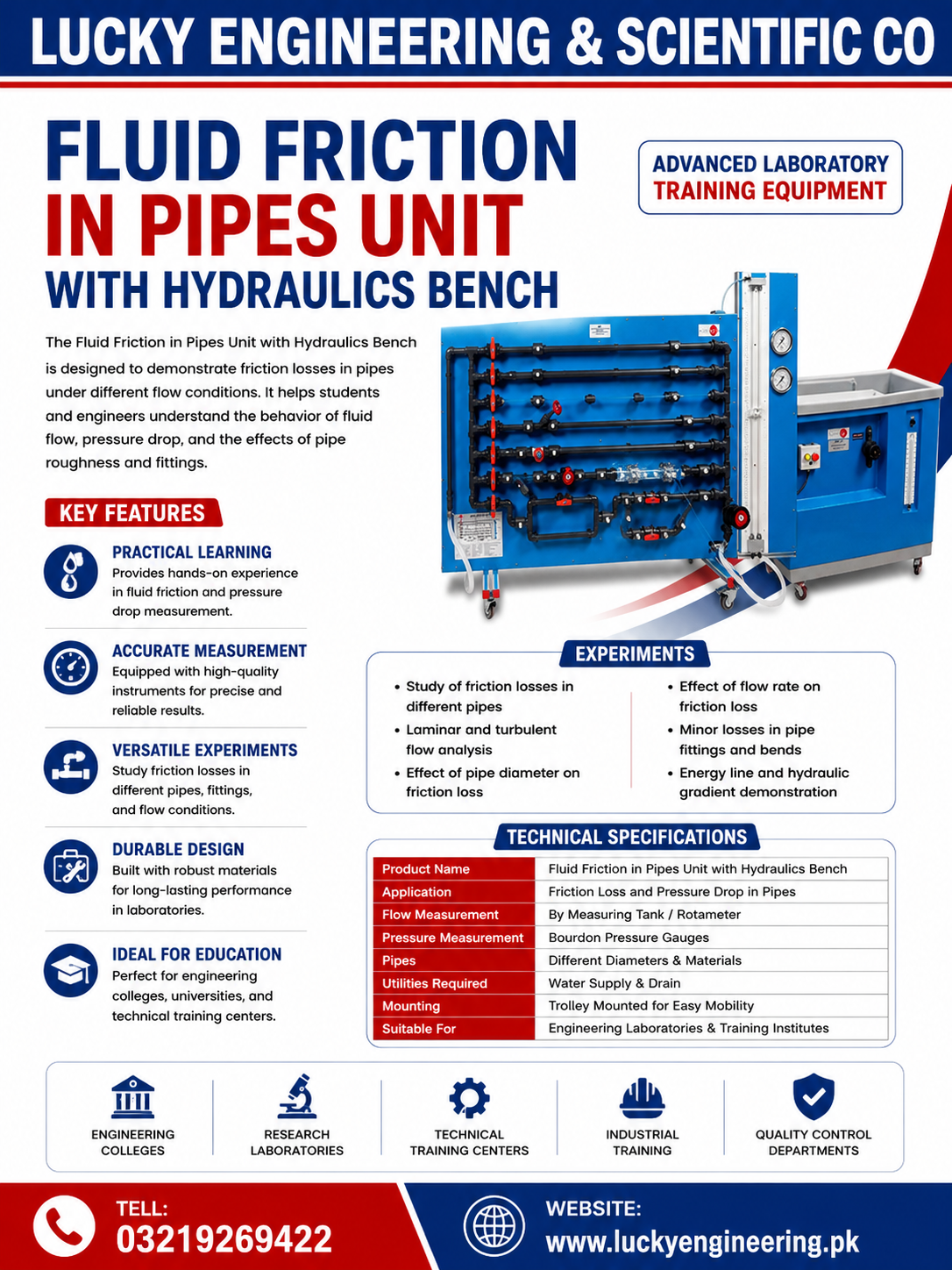 Fluid Friction in Pipes Unit with Hydraulics Bench Pakistan