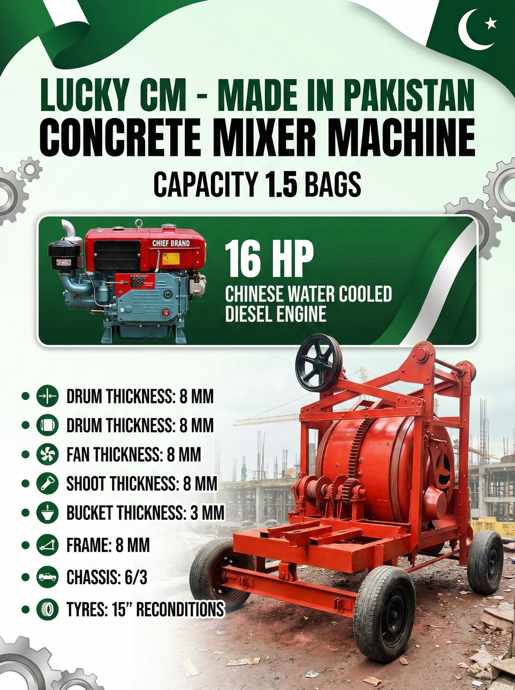 Lucky Cm- Concrete Mixer Machine (Karachi Design ) 1.5 Bag Tell: 03219269422
