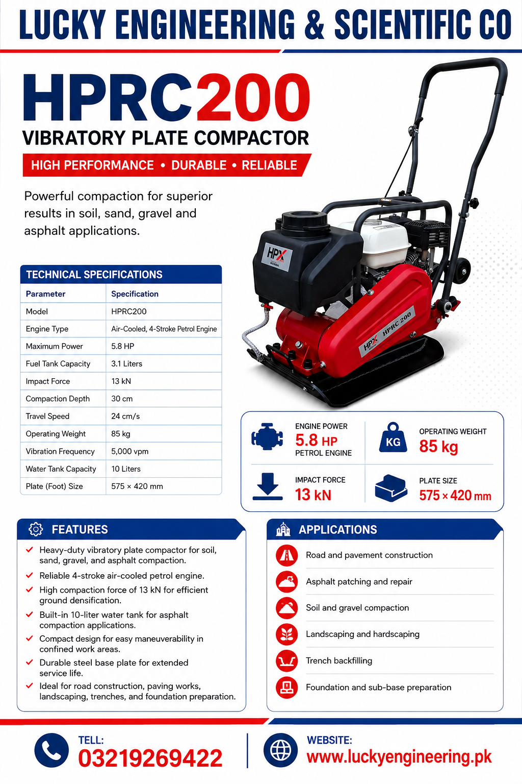 HPRC200 Vibratory Plate Compactor – 5.8 HP Petrol Engine  Lucky Engineering