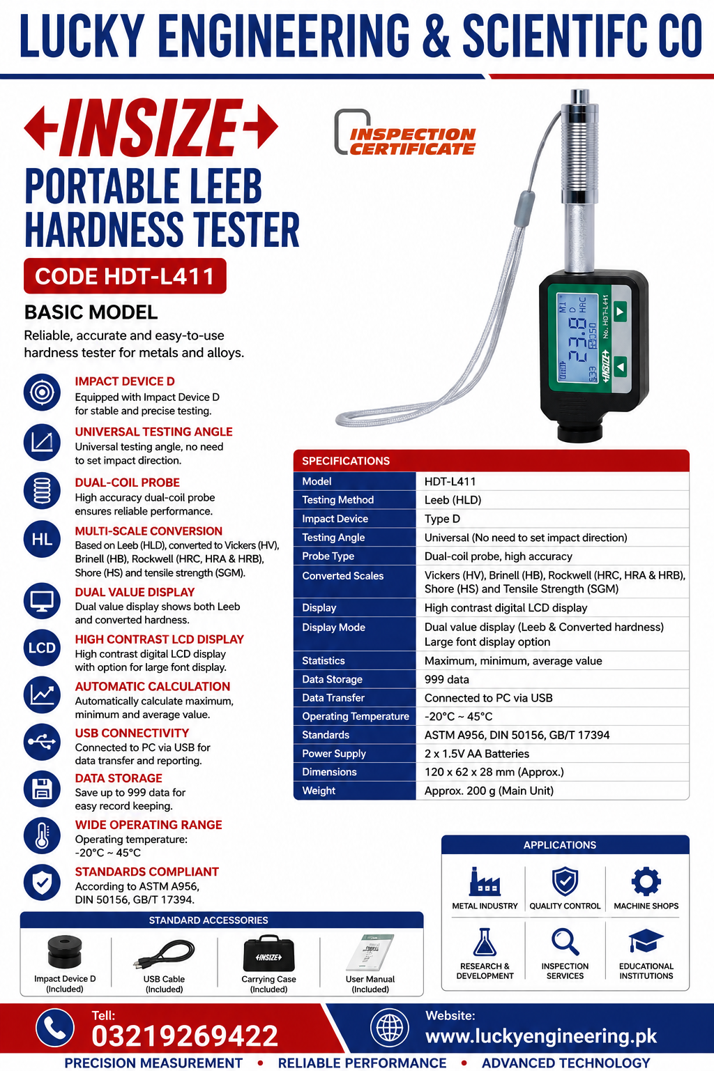 INSIZE Portable Leeb Hardness Tester HDT-L411 | Digital Metal Hardness Tester