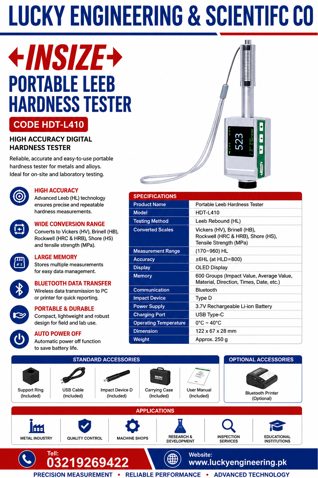 INSIZE Portable Leeb Hardness Tester HDT-L410  High Accuracy Digital Hardness Tester