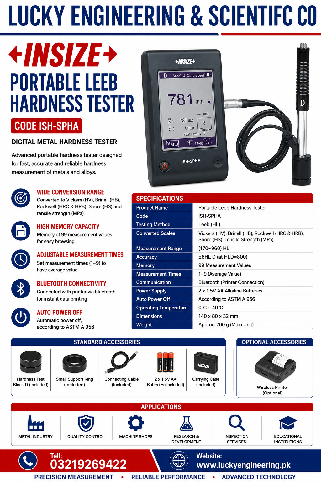 INSIZE Portable Leeb Hardness Tester ISH-SPHA | Digital Metal Hardness Tester