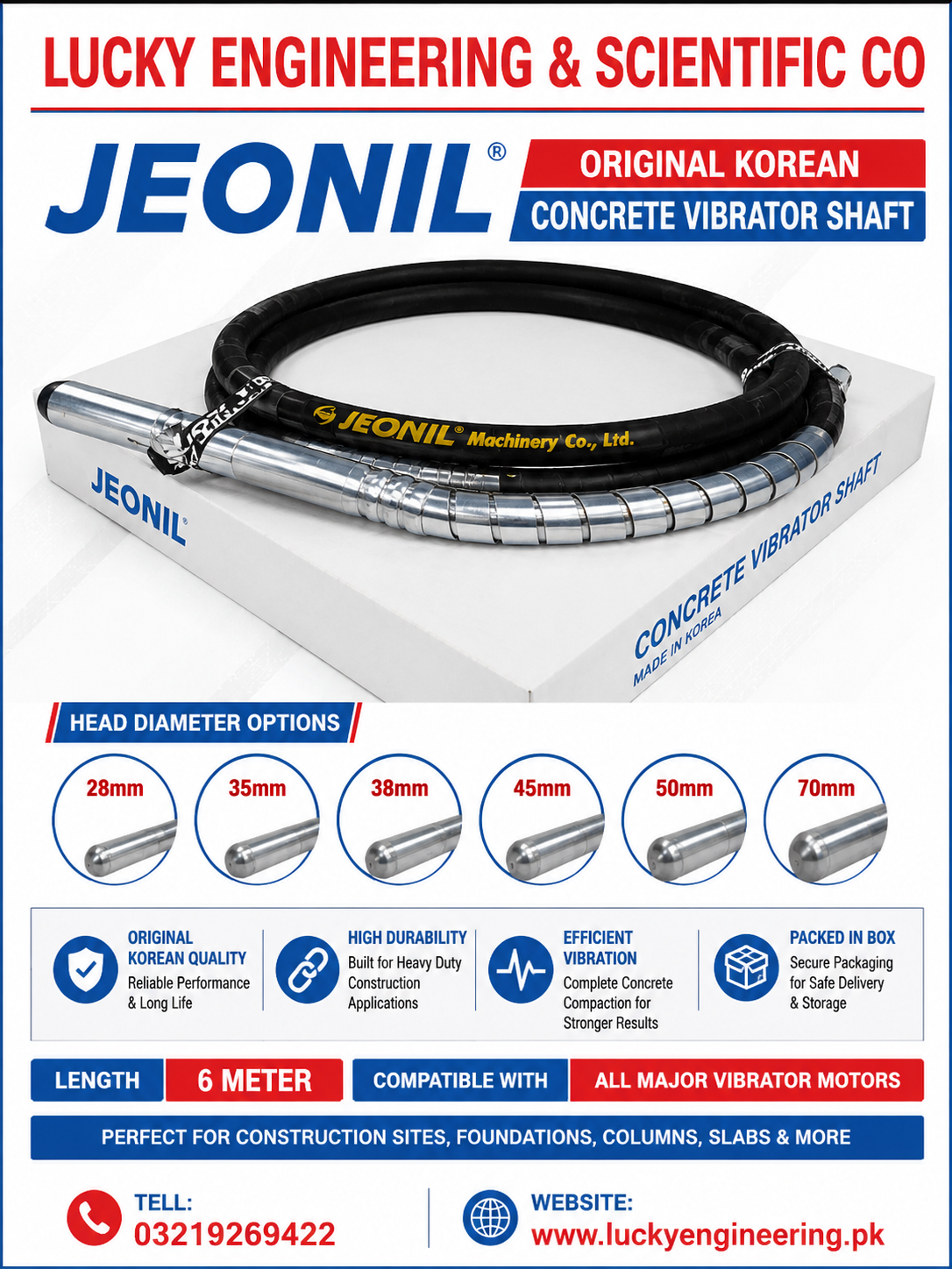 JEONIL Original Korean Concrete Vibrator Shaft 6 Meter Long | 28mm, 35mm, 38mm, 45mm, 50mm & 70mm