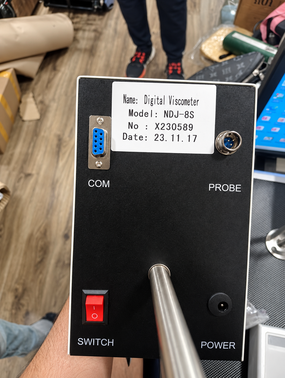 NDJ-8S digital viscometer rear panel with power and probe connections