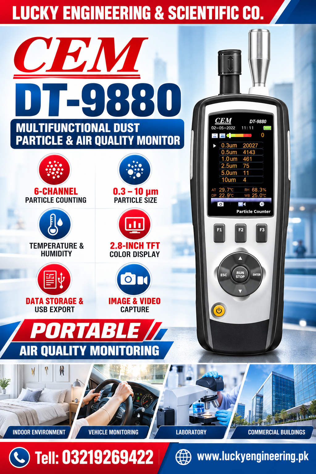 CEM DT-9880 dust particle counter and portable air quality monitor supplied by Lucky Engineering Karachi