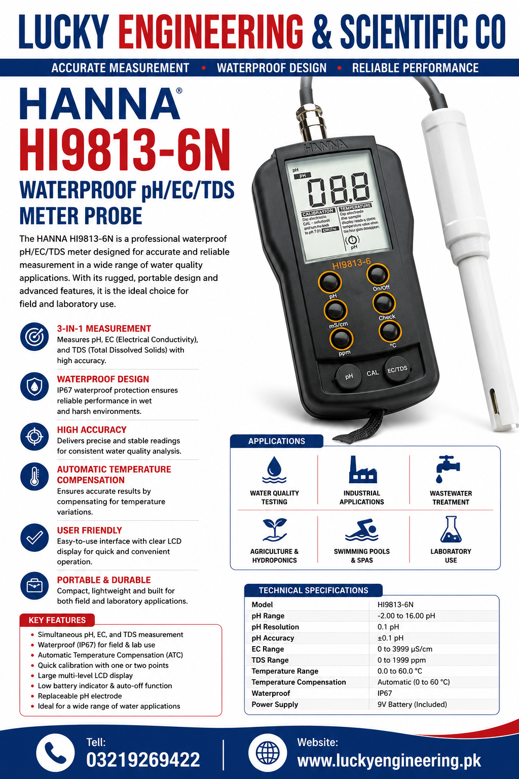 Waterproof pH EC TDS Meter Price in Pakistan – HANNA HI9813-6N