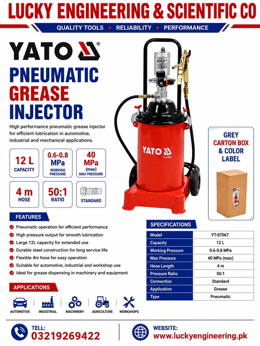 YATO YT-07067 Pneumatic Grease Injector 12L High Pressure Lubrication System