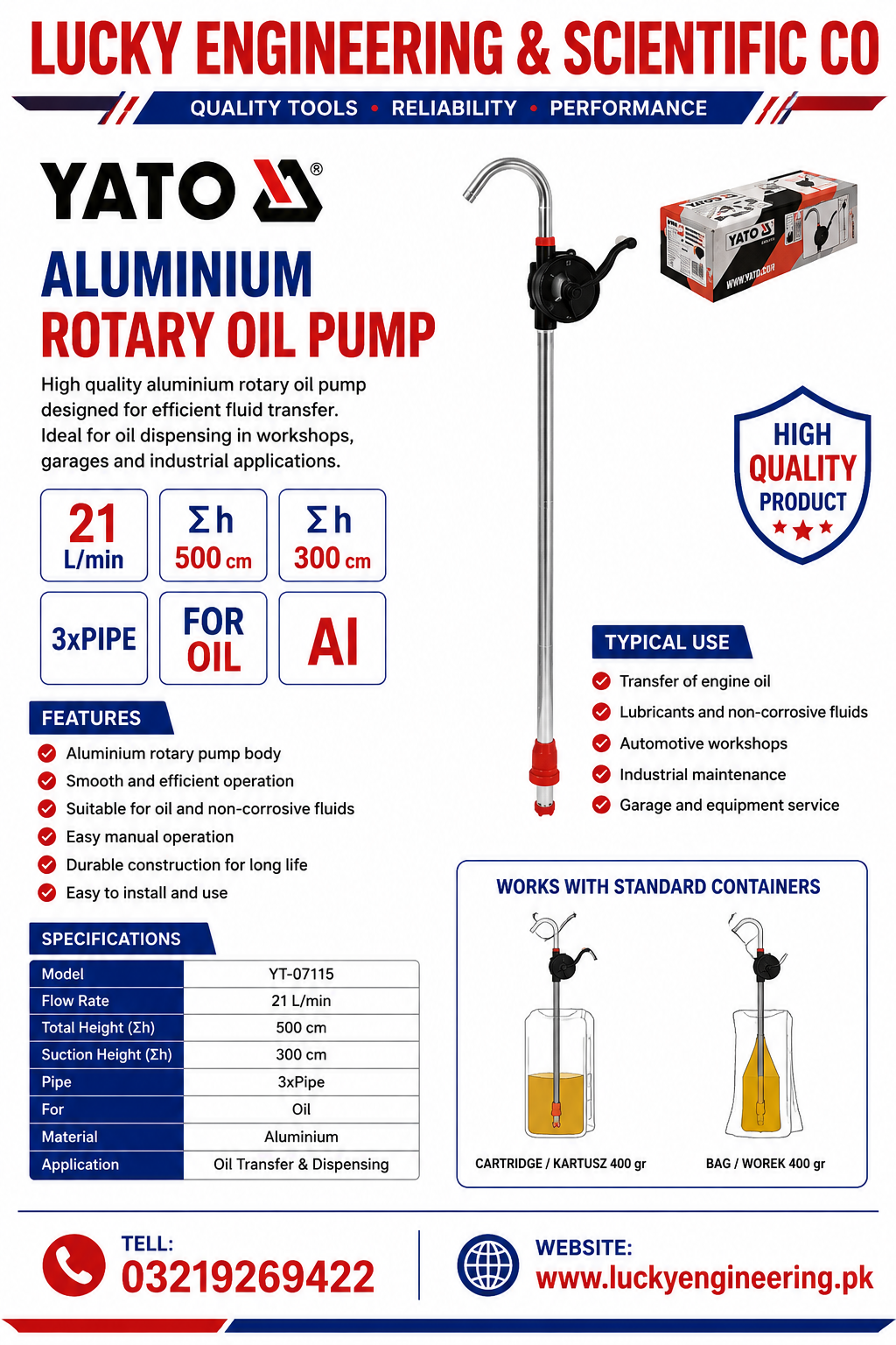 YATO YT-07115 Aluminium Rotary Oil Pump for Efficient Oil Transfer
