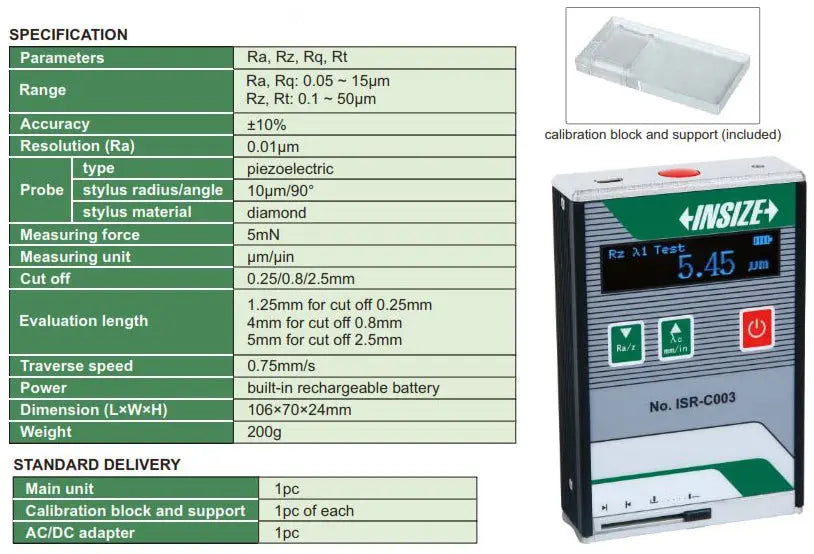 INSIZE Roughness Tester ISR-C003 | Portable Surface Roughness Measurement Device LESCO