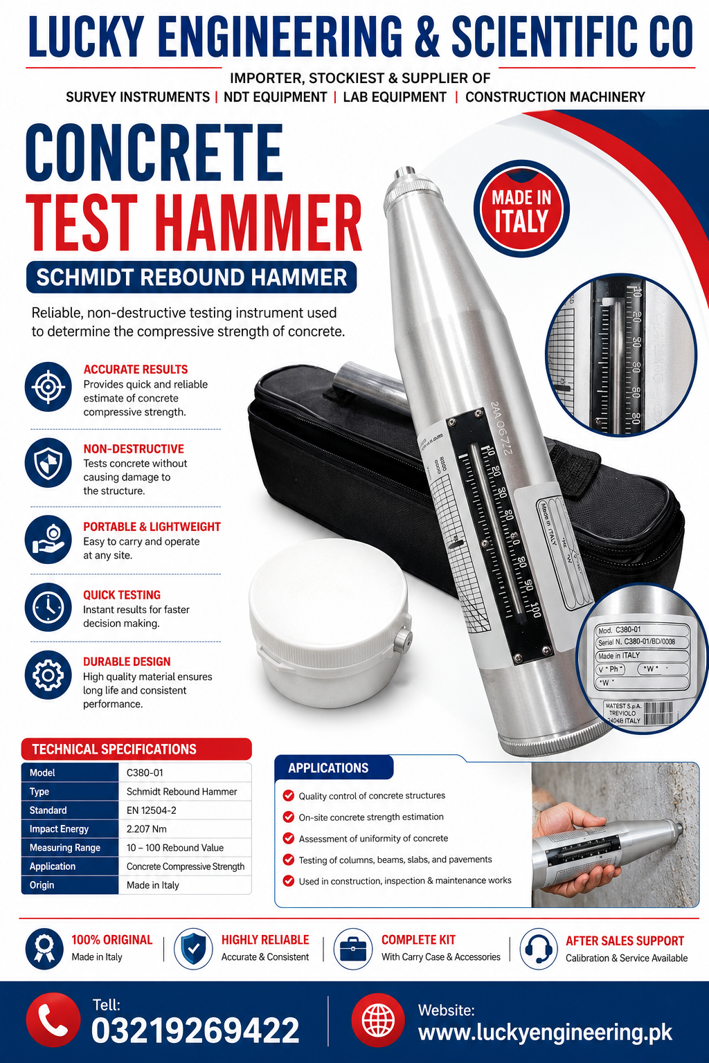Matest C380-01 Schmidt Rebound Hammer | Concrete Test Hammer Made in Italy | Lucky Engineering Pakistan